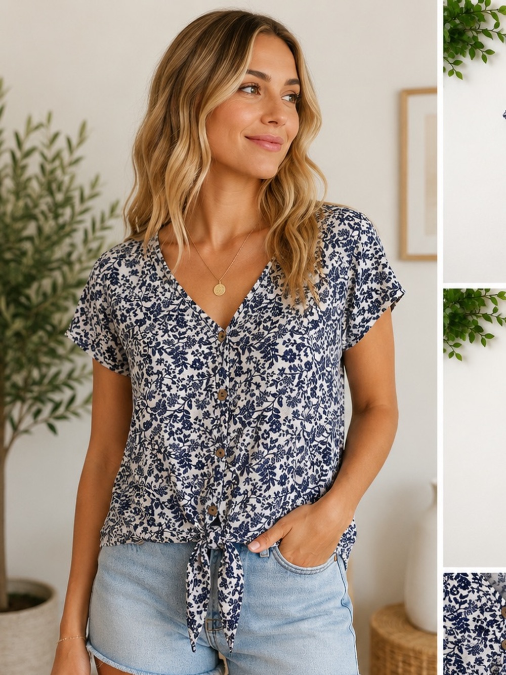 Lavish Blue & White Floral Tie Front Top Cottagecore Boho Size Small